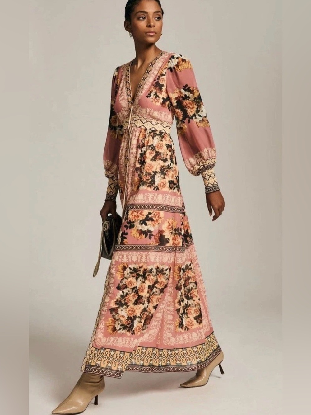 Anthropologie Vineet Bahl Floral Maxi Dress Pink Boho Long Sleeve